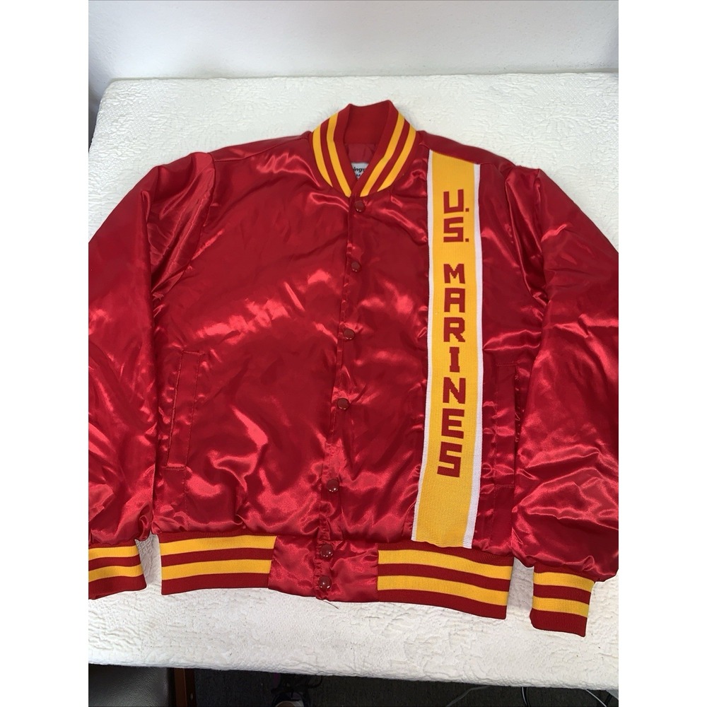 VTG US Marines Jacket Men Medium Red Yellow Chalkline Satin Bomber Swingster 80s